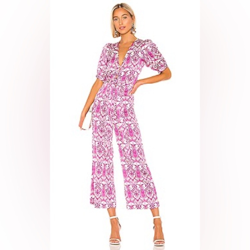 Alexis Jumpsuit Purple Print with Sash Puff Sleeves Size S